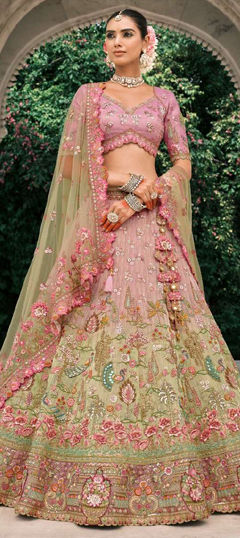 Green, Pink and Majenta color Lehenga in Silk fabric with Embroidered, Sequence, Thread work