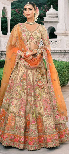 Beige and Brown color Lehenga in Silk fabric with Embroidered, Sequence, Thread work