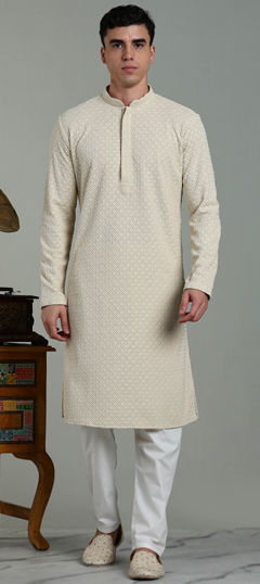 Beige and Brown color Kurta Pyjamas in Cotton, Rayon fabric with Embroidered, Thread work