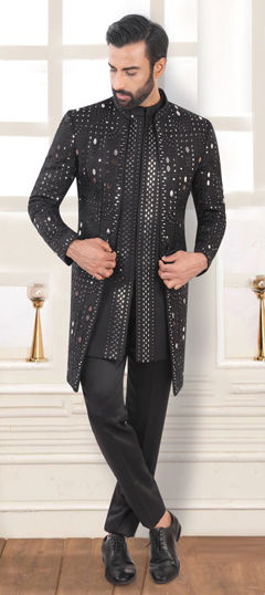 Black and Grey color IndoWestern Dress in Rayon fabric with Embroidered, Thread work