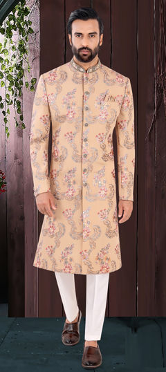 Beige and Brown color Sherwani in Jacquard fabric with Embroidered, Sequence, Thread work