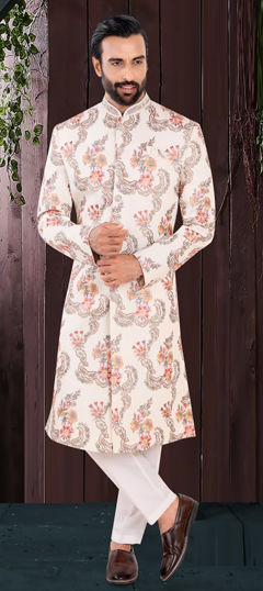 White and Off White color Sherwani in Jacquard fabric with Embroidered, Sequence, Thread work