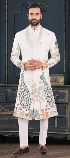 White and Off White color Sherwani in Silk fabric with Embroidered, Resham, Thread work