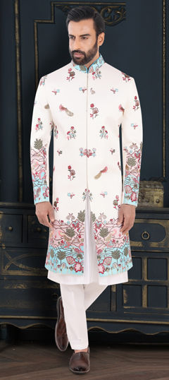 White and Off White color Sherwani in Silk fabric with Embroidered, Resham, Thread work