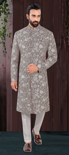 Black and Grey color Sherwani in Jacquard fabric with Embroidered, Sequence, Thread work
