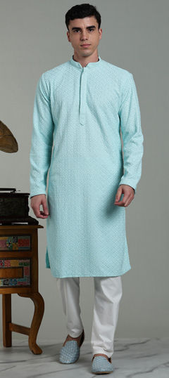 Blue color Kurta Pyjamas in Cotton, Rayon fabric with Embroidered, Thread work