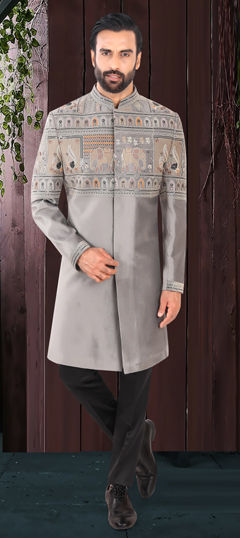 Black and Grey color IndoWestern Dress in Velvet fabric with Embroidered, Sequence, Thread work