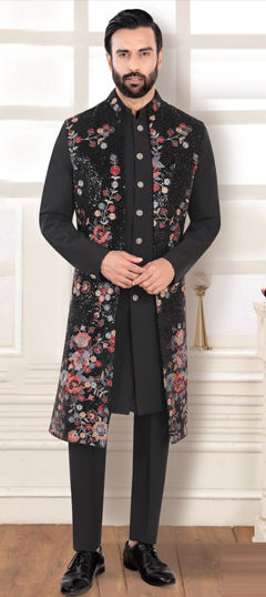 Black and Grey color IndoWestern Dress in Rayon fabric with Embroidered, Sequence, Thread work