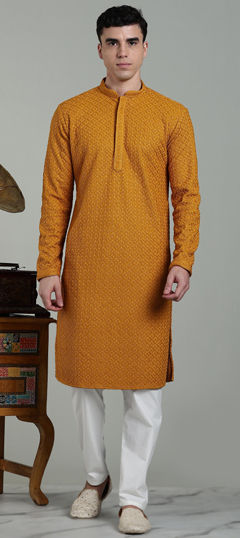 Yellow color Kurta Pyjamas in Cotton, Rayon fabric with Embroidered, Thread work