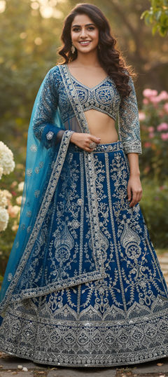 Blue color Lehenga in Net fabric with Embroidered, Thread work