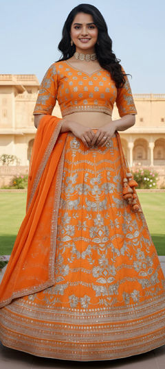 Orange color Lehenga in Silk fabric with Thread work