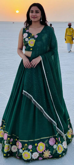 Green color Lehenga in Faux Georgette fabric with Printed, Sequence work