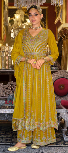 Gold color Salwar Kameez in Chinon Silk fabric with Embroidered, Mirror, Thread work