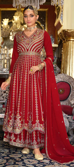 Red and Maroon color Salwar Kameez in Chinon Silk fabric with Embroidered, Mirror, Thread work