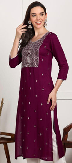 Beige and Brown color Kurti in Rayon fabric with Embroidered, Thread work