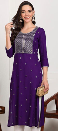 Purple and Violet color Kurti in Rayon fabric with Embroidered, Printed work