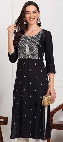 Black and Grey color Kurti in Rayon fabric with Embroidered, Printed work