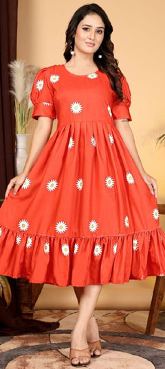 Orange color Kurti in Rayon fabric with Printed work