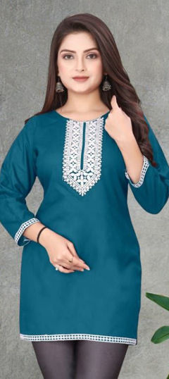 Blue color Kurti in Rayon fabric with Embroidered work