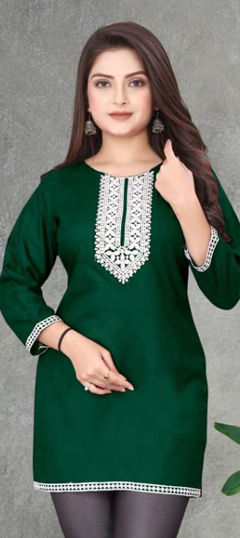 Green color Kurti in Rayon fabric with Embroidered work