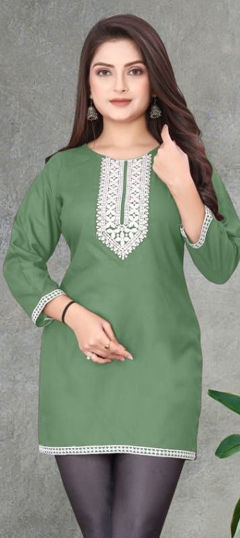 Green color Kurti in Rayon fabric with Embroidered work