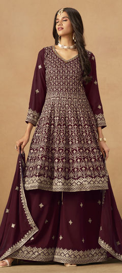 Red and Maroon color Salwar Kameez in Faux Georgette fabric with Embroidered, Thread, Zari work