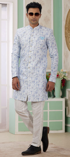 Blue color IndoWestern Dress in Banarasi Silk fabric with Embroidered work