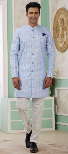 Blue color IndoWestern Dress in Banarasi Silk fabric with Embroidered work