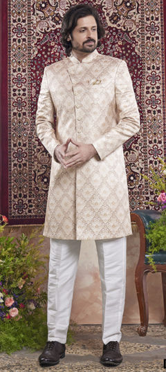 Beige and Brown color IndoWestern Dress in Banarasi Silk fabric with Weaving work