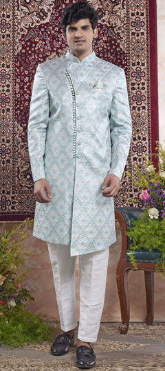 Green color IndoWestern Dress in Banarasi Silk fabric with Weaving work