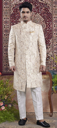 Beige and Brown color IndoWestern Dress in Banarasi Silk fabric with Weaving work