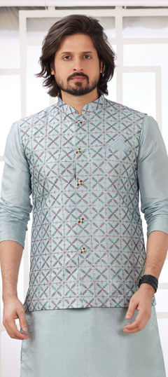 Black and Grey color Nehru Jacket in Art Silk fabric with Embroidered, Sequence work