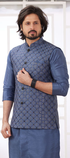 Black and Grey color Nehru Jacket in Art Silk fabric with Embroidered, Sequence work