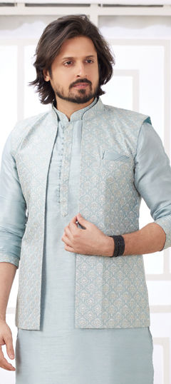 Black and Grey color Nehru Jacket in Art Silk fabric with Embroidered, Sequence work