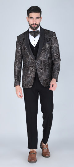 Black and Grey color Tuxedo in Velvet fabric with Embroidered work