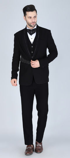 Black and Grey color Tuxedo in Cotton, Polyester Silk fabric with Embroidered work
