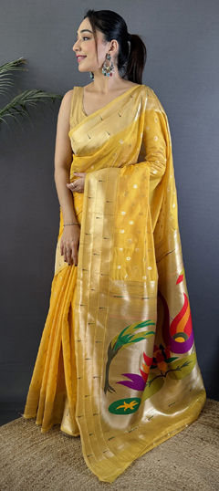 Yellow color Saree in Tissue fabric with Weaving work