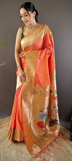 Orange color Saree in Silk fabric with Weaving work