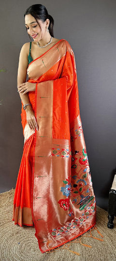 Red and Maroon color Saree in Silk fabric with Weaving work