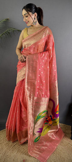 Pink and Majenta color Saree in Tissue fabric with Weaving work