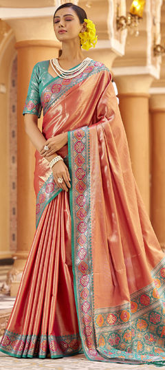Pink and Majenta color Saree in Tissue fabric with Weaving work