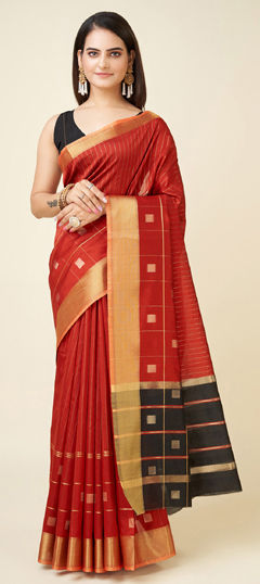 Red and Maroon color Saree in Raw Silk fabric with Weaving work