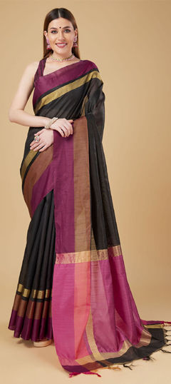 Black and Grey color Saree in Raw Silk fabric with Weaving work