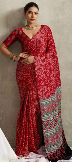 Red and Maroon color Saree in Silk fabric with Bandhej, Printed work