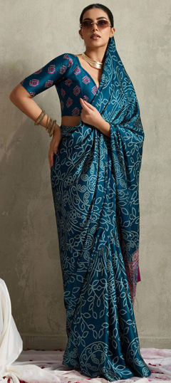 Blue color Saree in Silk fabric with Bandhej, Printed work