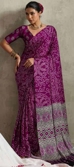 Pink and Majenta color Saree in Silk fabric with Bandhej, Printed work