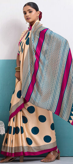 Beige and Brown color Saree in Art Silk fabric with Printed work