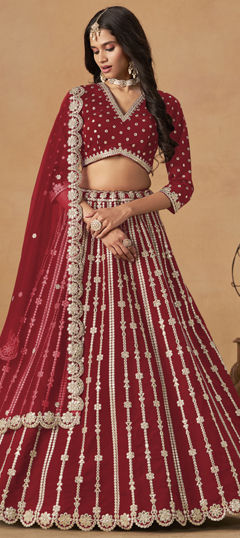 Red and Maroon color Lehenga in Art Silk fabric with Gota Patti work