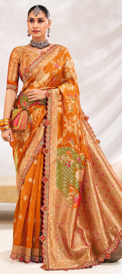 Yellow color Saree in Silk fabric with Border, Sequence, Stone, Weaving work