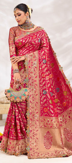 Pink and Majenta color Saree in Silk fabric with Border, Sequence, Stone, Weaving work